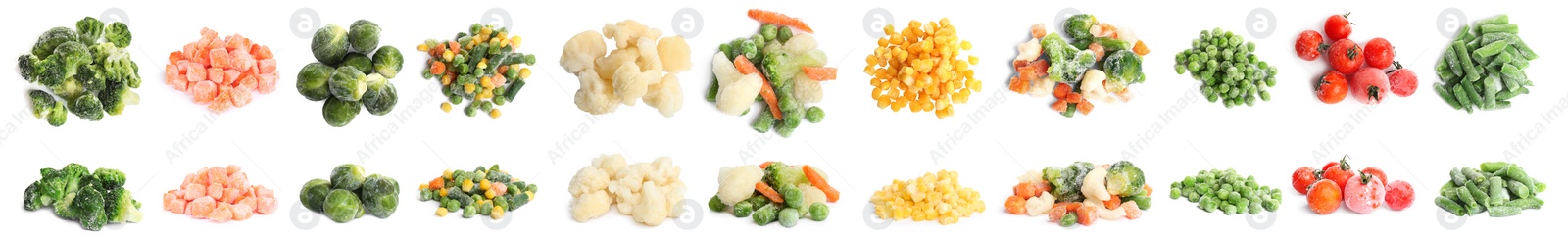 Image of Set of different frozen vegetables on white background. Banner design 