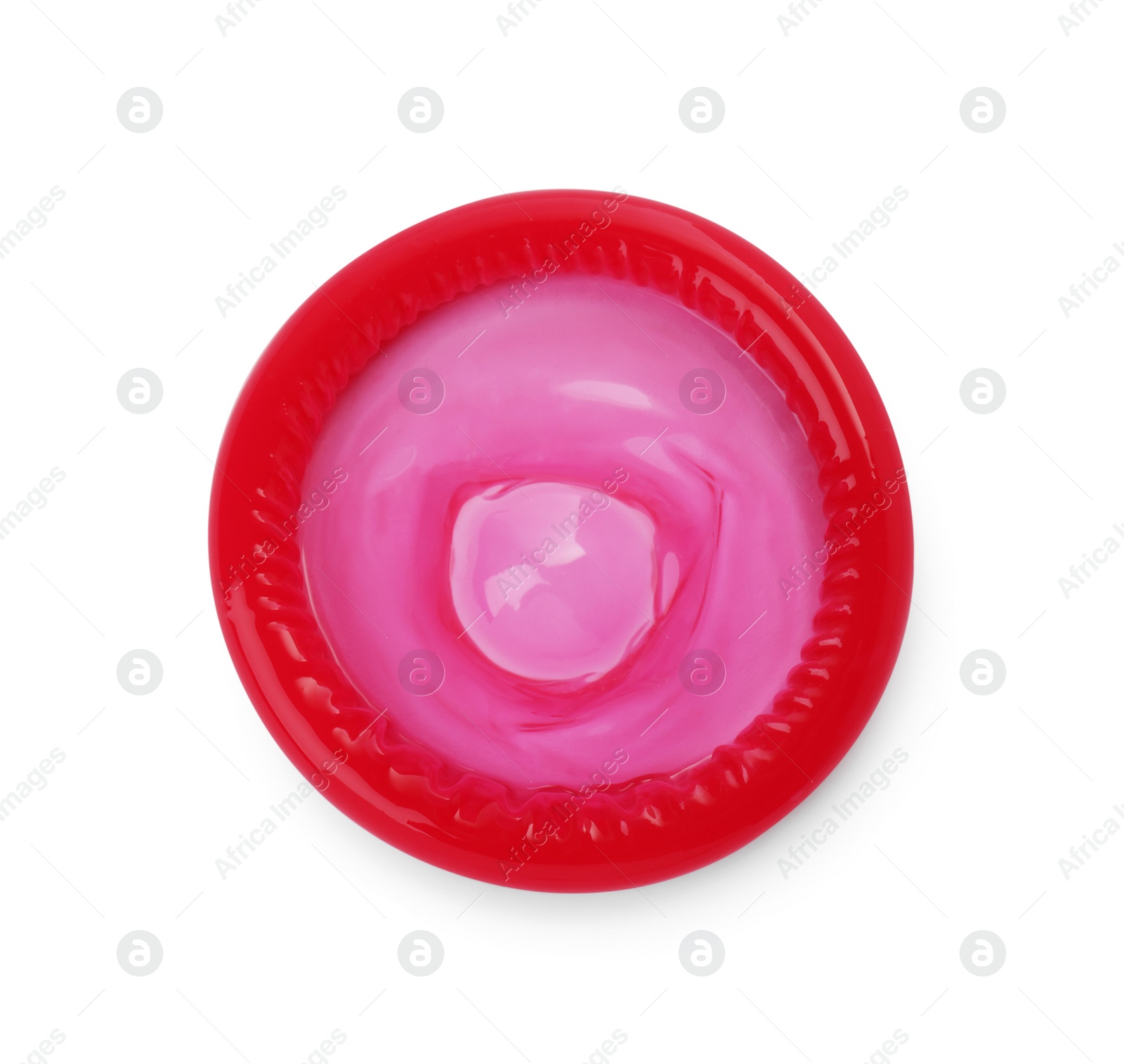 Photo of Unpacked condom isolated on white, top view. Safe sex