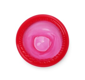 Photo of Unpacked condom isolated on white, top view. Safe sex