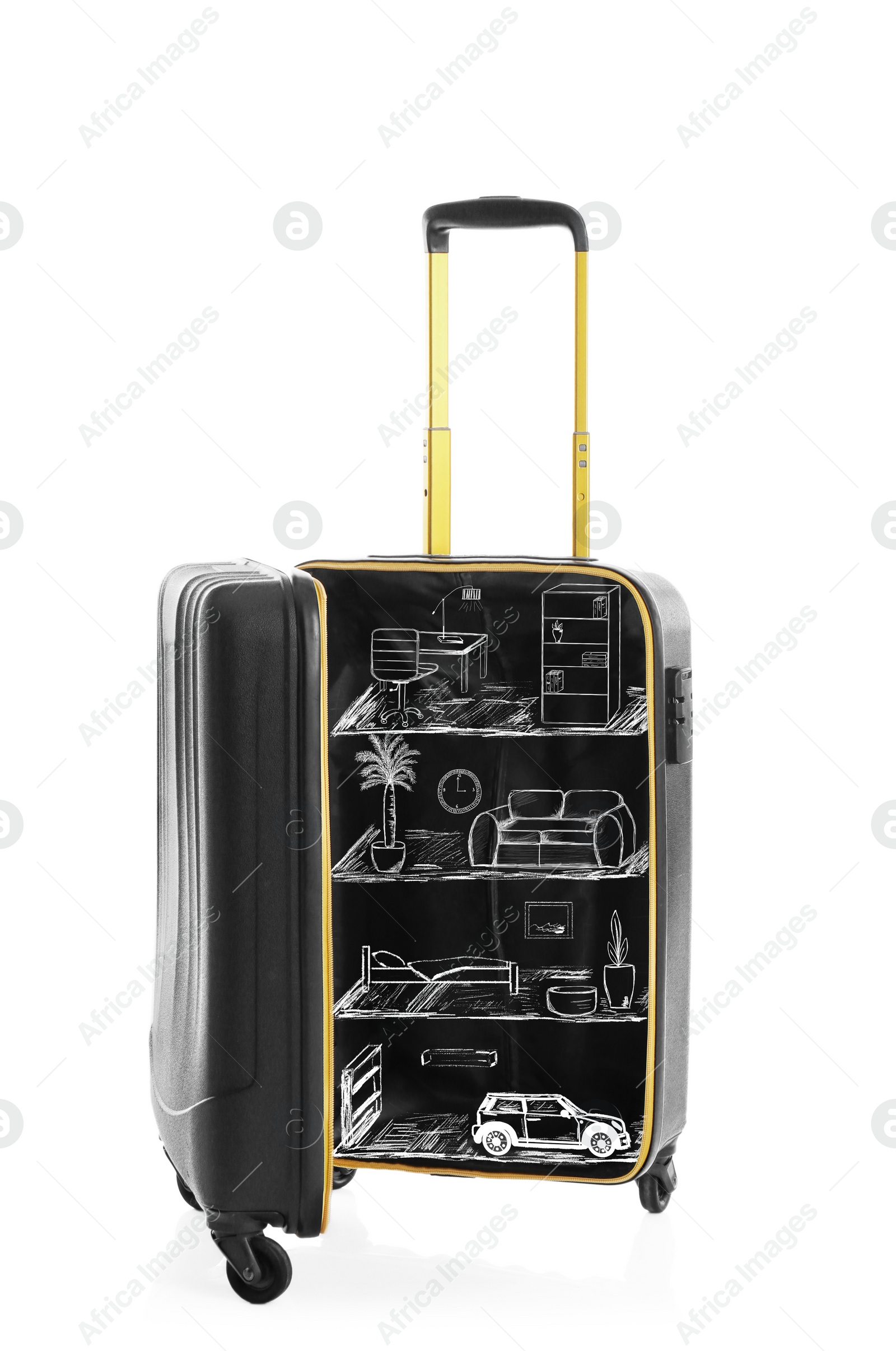 Image of Open black suitcase with drawing of different room interiors on white background. Moving concept