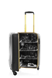 Open black suitcase with drawing of different room interiors on white background. Moving concept