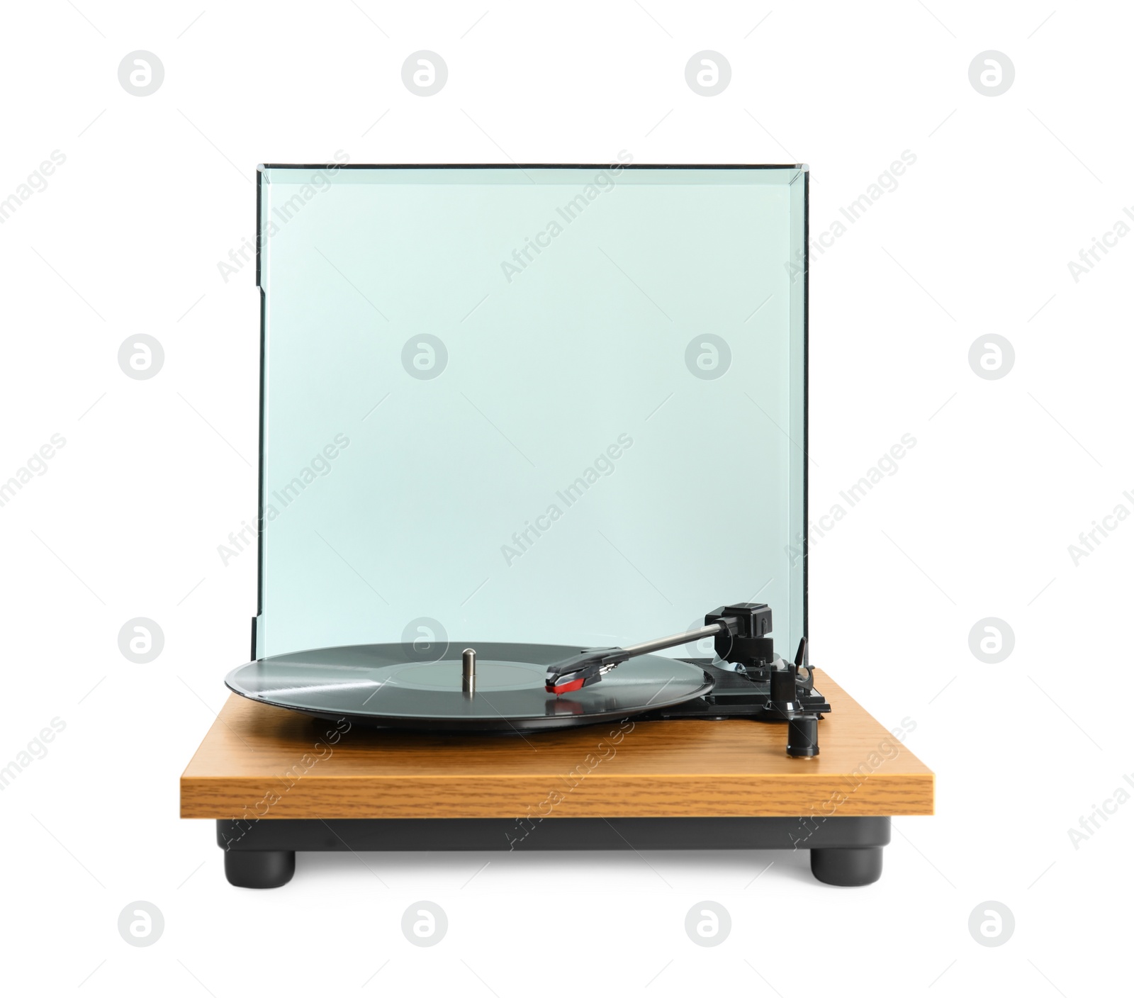 Photo of Modern vinyl record player with disc isolated on white