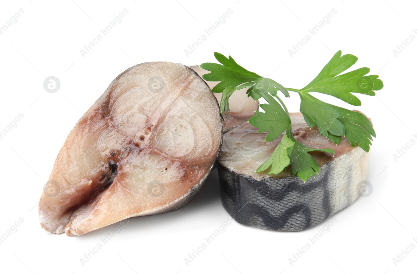 Photo of Slices of tasty salted mackerel and parsley isolated on white