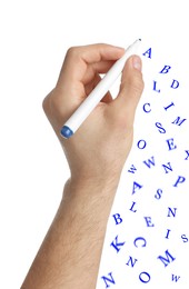 Image of Man writing letters and they flying away on white background, closeup