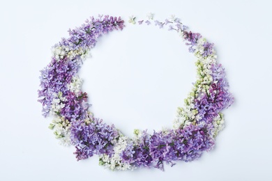 Photo of Blossoming lilac flowers on white background, top view. Space for text