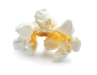 Delicious salty popcorn on white background