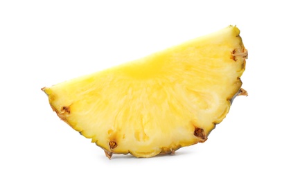 Slice of tasty juicy pineapple on white background