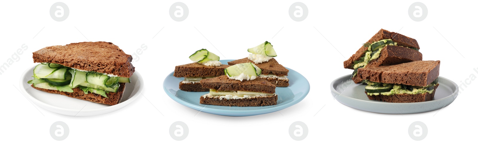 Image of Collage with tasty cucumber sandwiches on white background, banner design