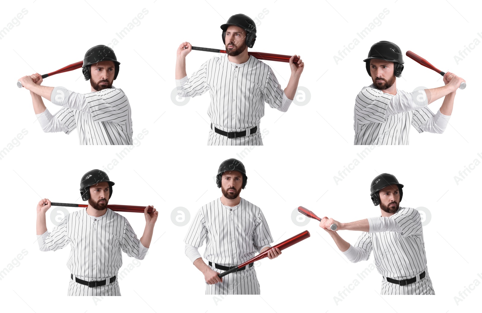 Image of Baseball player with bat on white background, set of photos