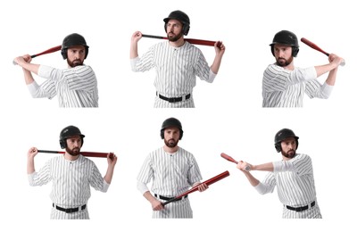 Baseball player with bat on white background, set of photos