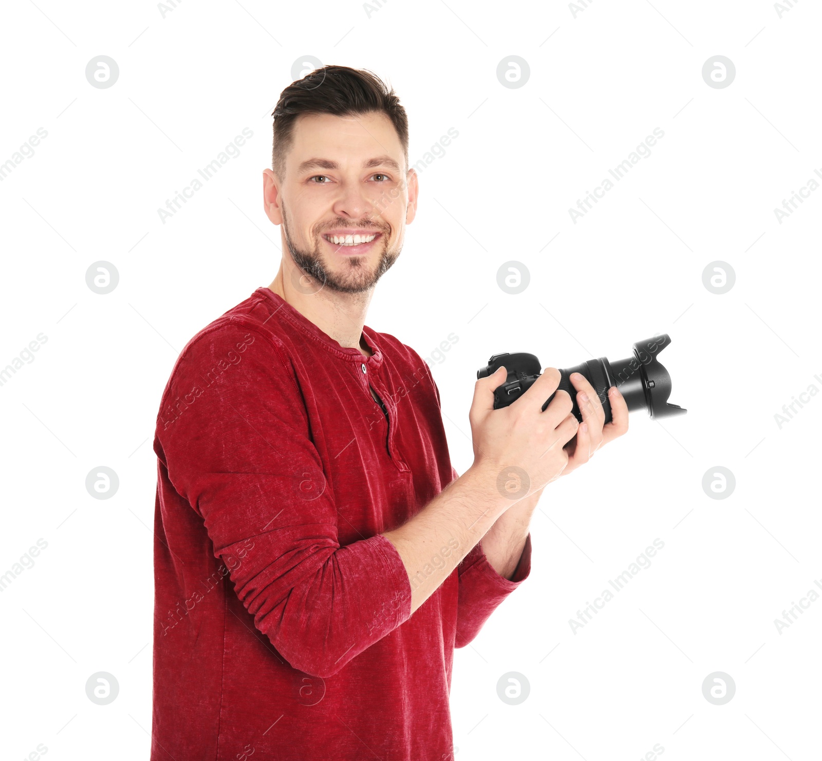 Photo of Male photographer with camera on white background