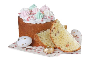 Traditional Easter cake with meringues and decorated eggs on white background