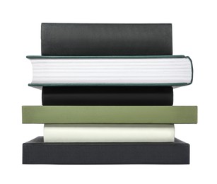 Stack of different hardcover books on white background