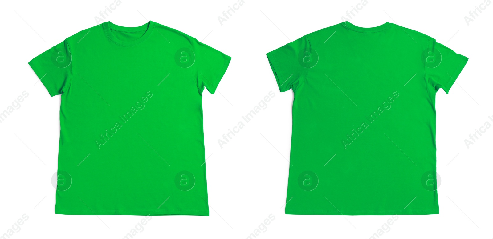 Image of Green t-shirt with space for design isolated on white. Back and front views