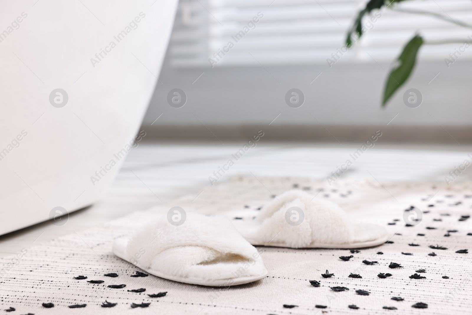 Photo of White soft slippers on carpet at home. Space for text