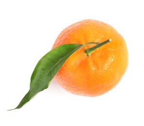 Tasty ripe tangerine with leaf on white background, top view