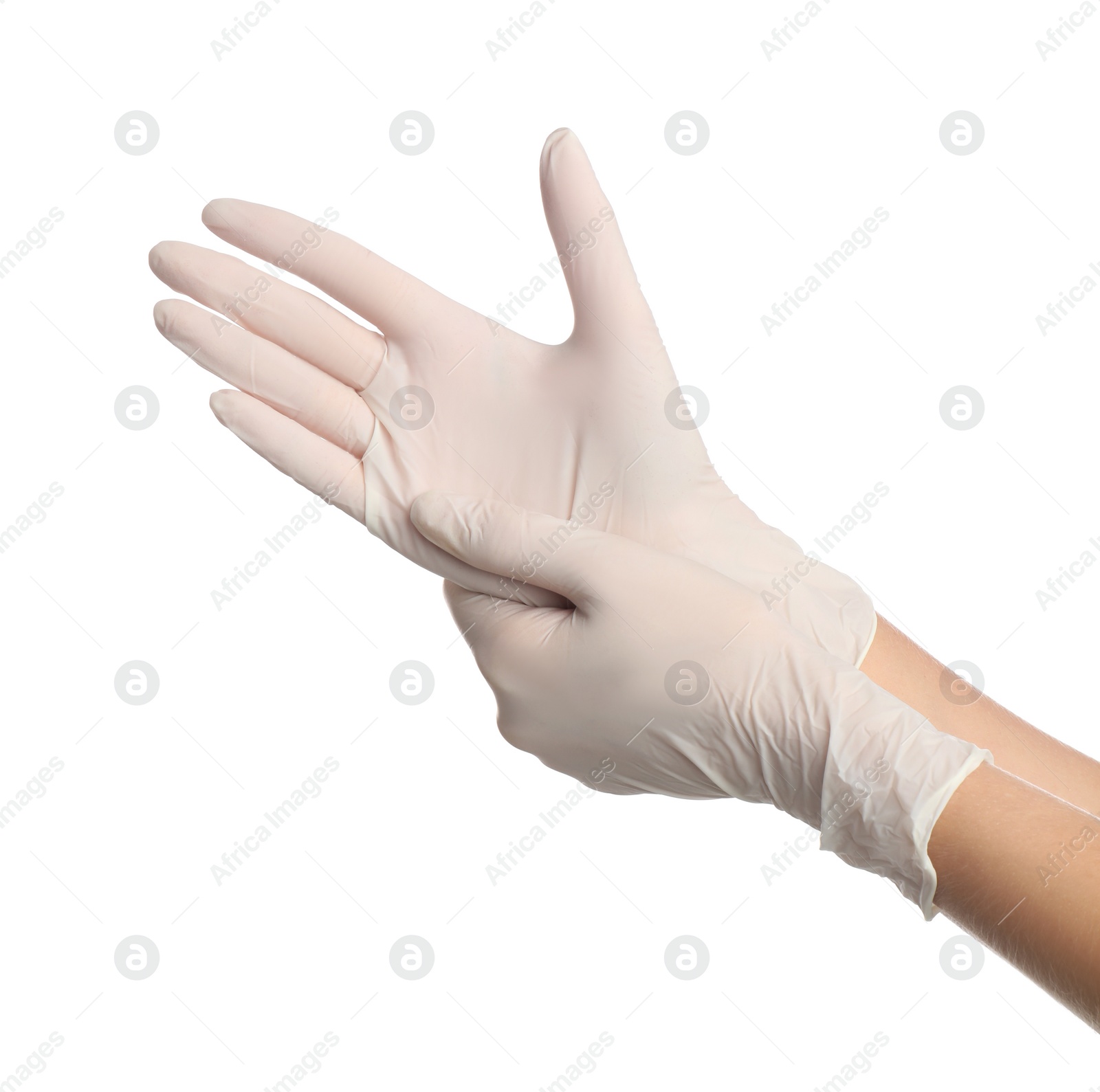 Photo of Doctor wearing medical gloves on white background, closeup