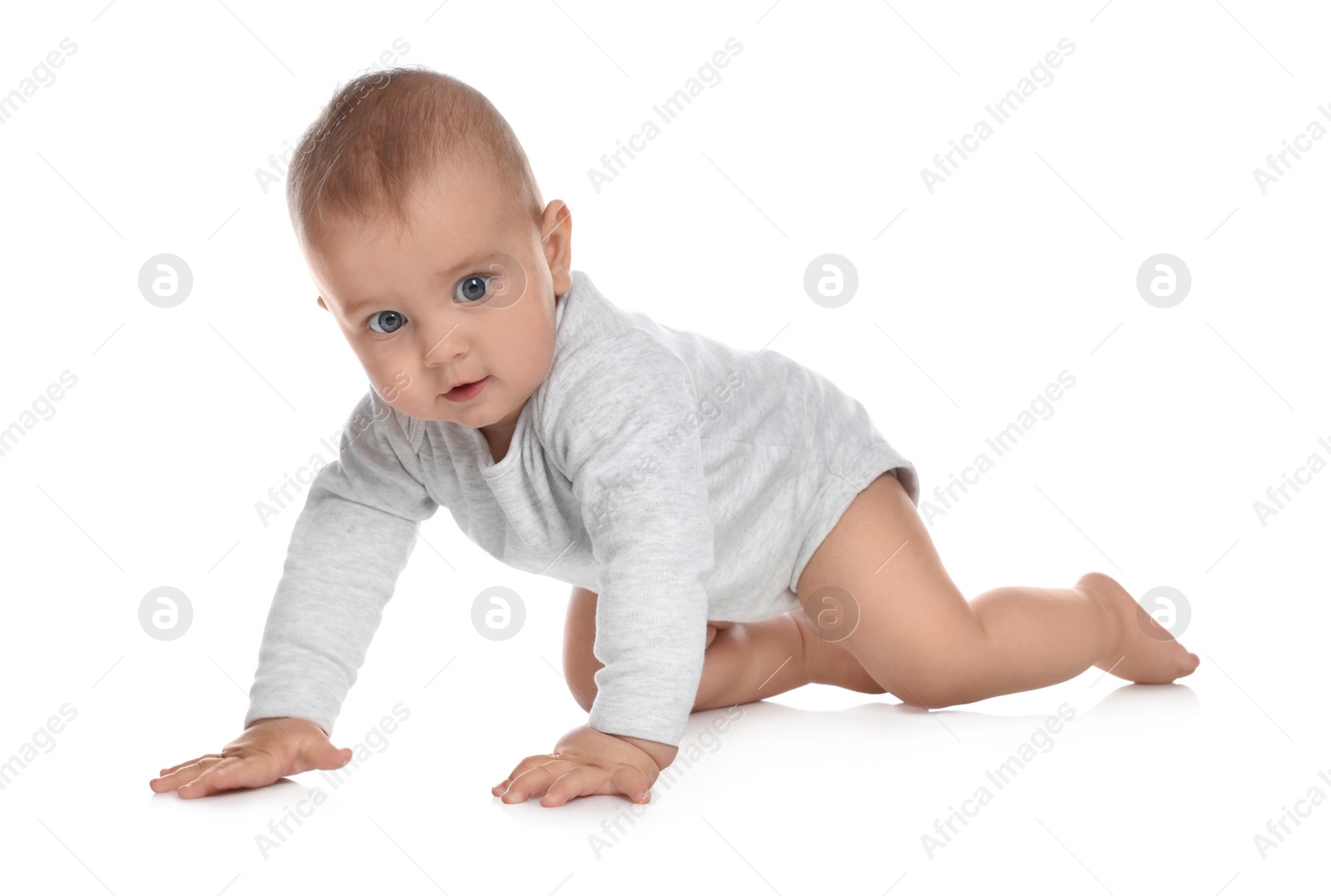 Photo of Cute little baby crawling on white background