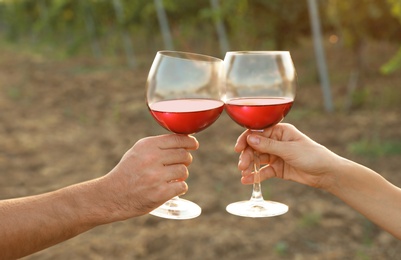 Photo of Young couple holding glasses of wine at vineyard