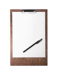 Wooden clipboard with sheet of paper and pen isolated on white, top view. Space for text