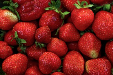 Photo of Heap of ripe red strawberries as background, closeup