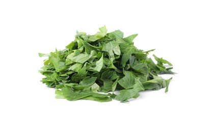 Photo of Heap of chopped parsley leaves isolated on white