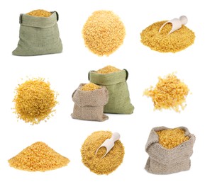 Image of Collage with bags and piles of uncooked bulgur on white background