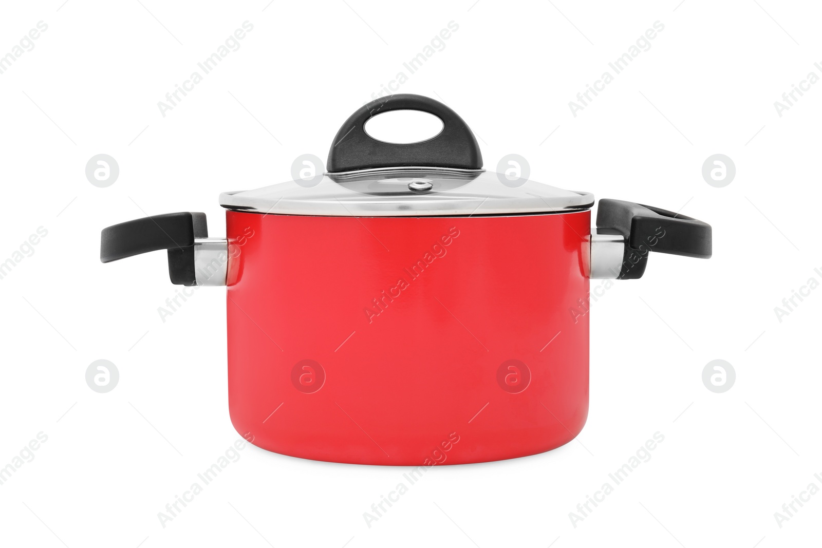 Photo of One red pot with glass lid isolated on white