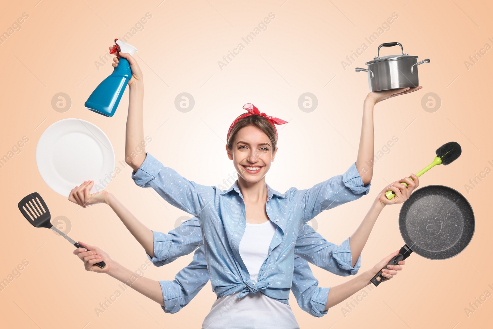 Image of Multitask housewife with many hands holding different stuff on beige background