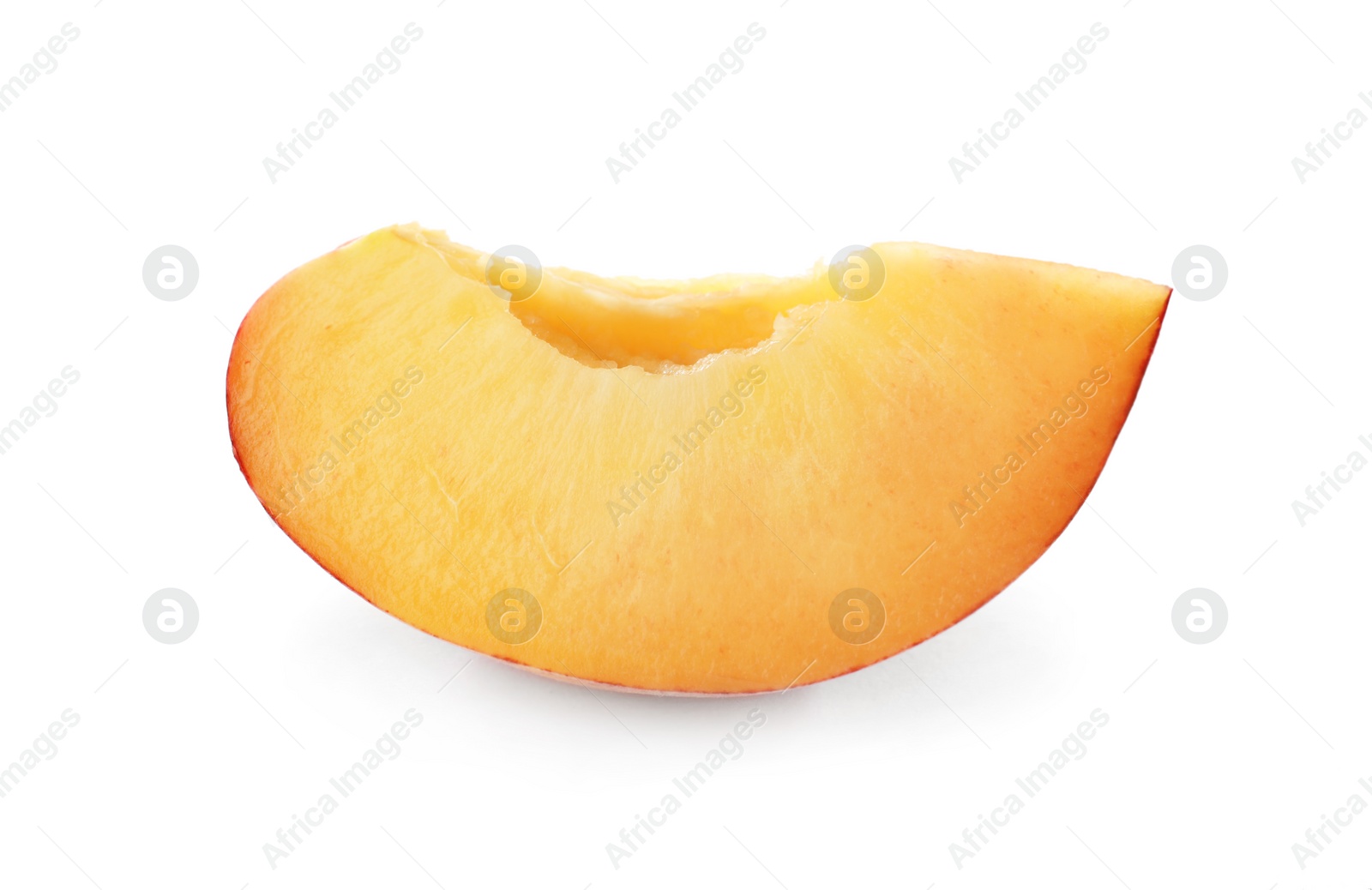 Photo of Slice of sweet juicy peach on white background