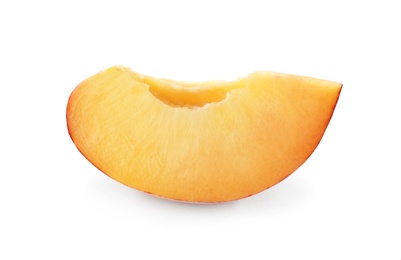 Photo of Slice of sweet juicy peach on white background