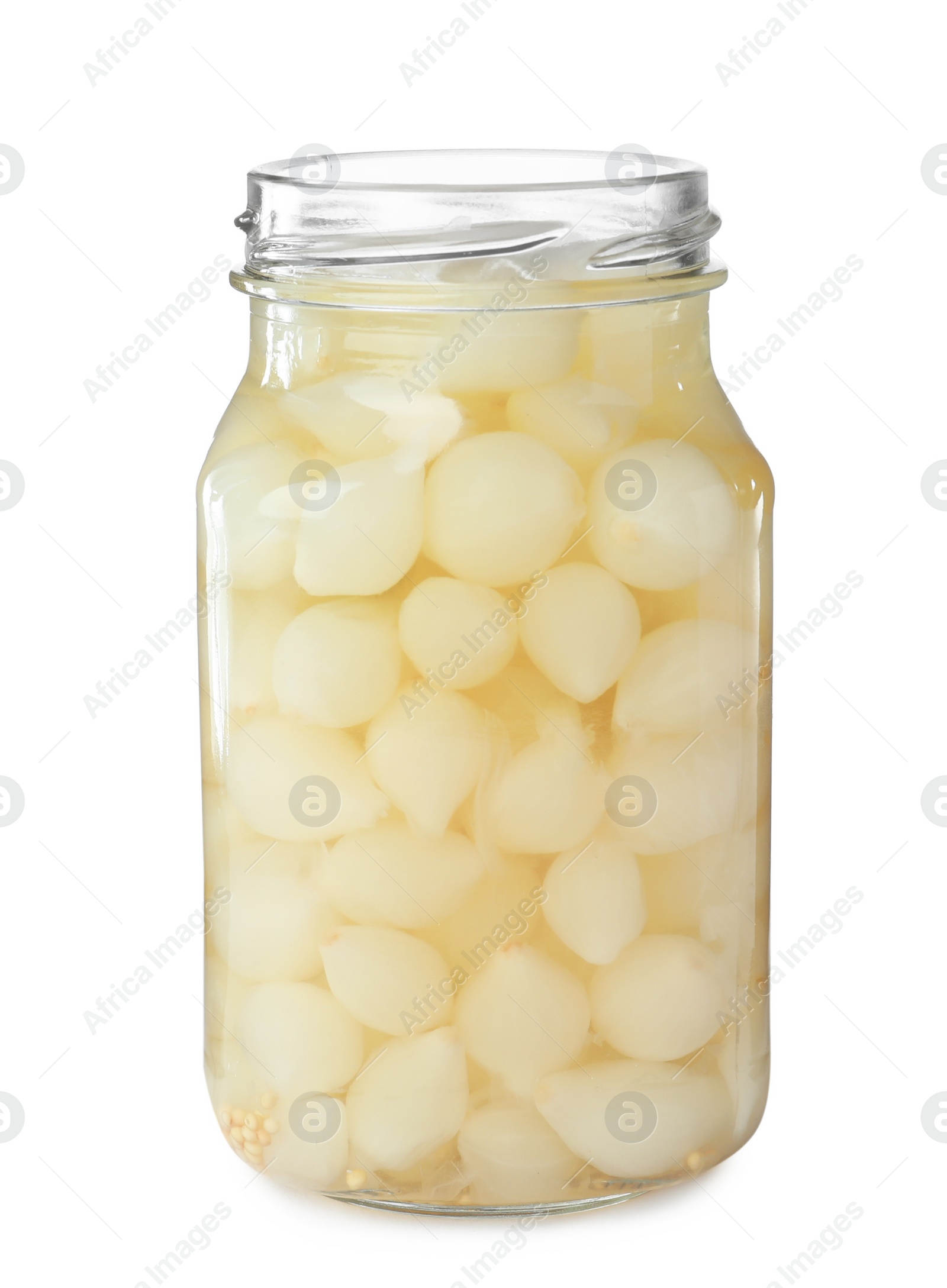 Photo of Jar with pickled onions on white background