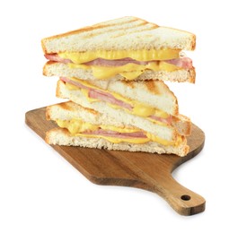 Photo of Stack of tasty sandwiches with ham and melted cheese isolated on white