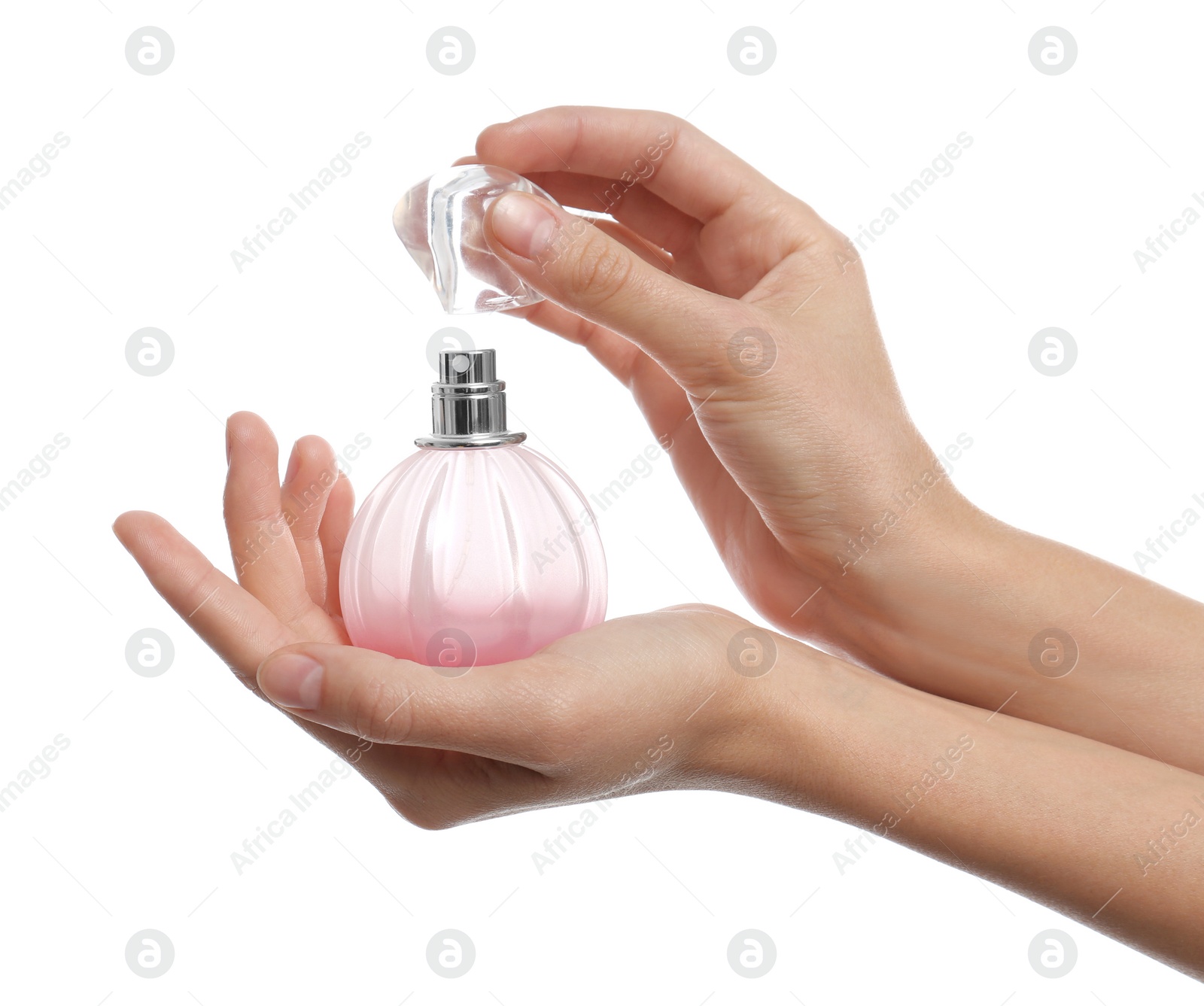 Photo of Young woman with perfume bottle on white background, closeup