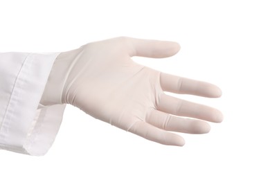 Doctor wearing medical glove on white background, closeup