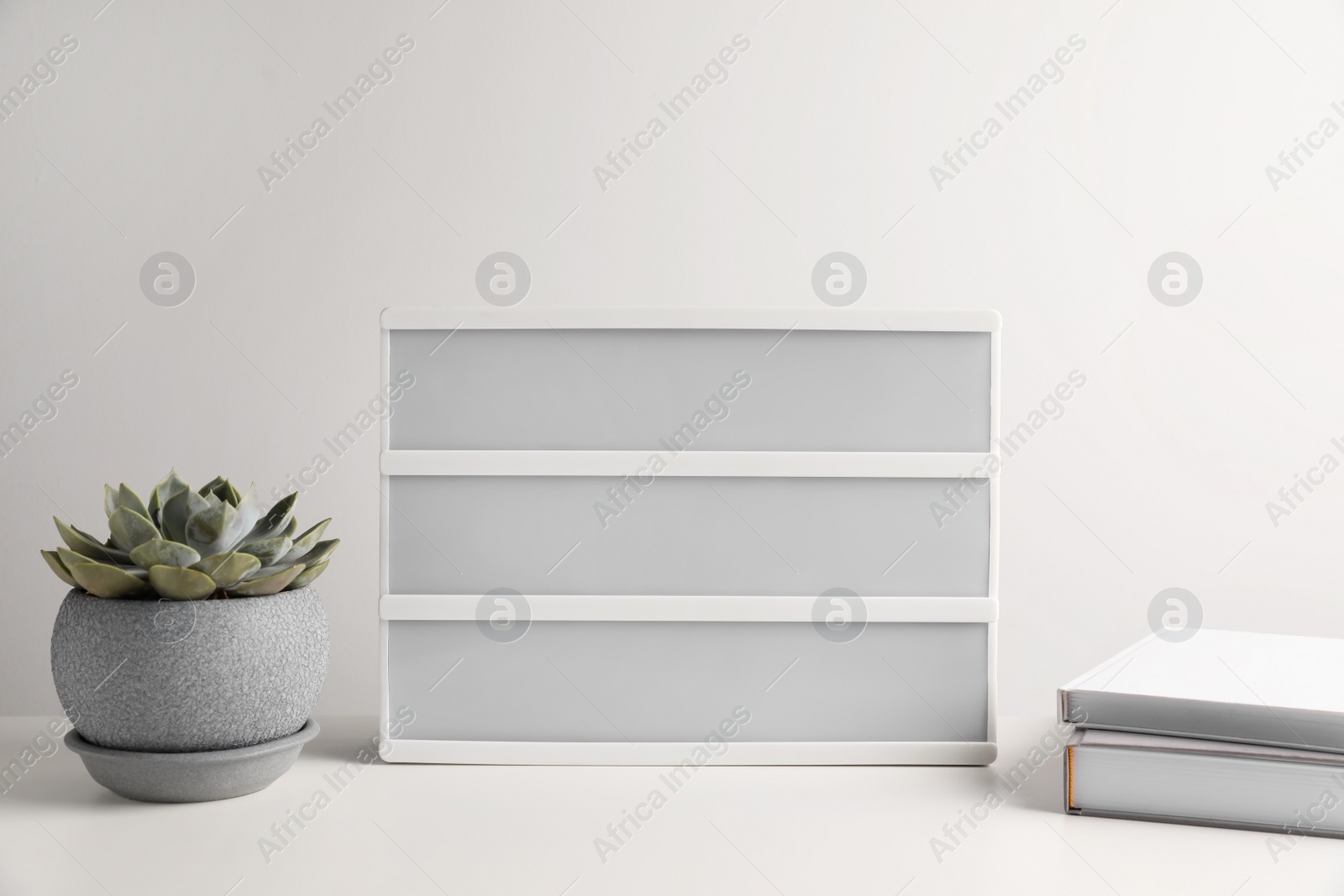 Photo of Blank letter board, books and beautiful houseplant on white table. Mockup for design