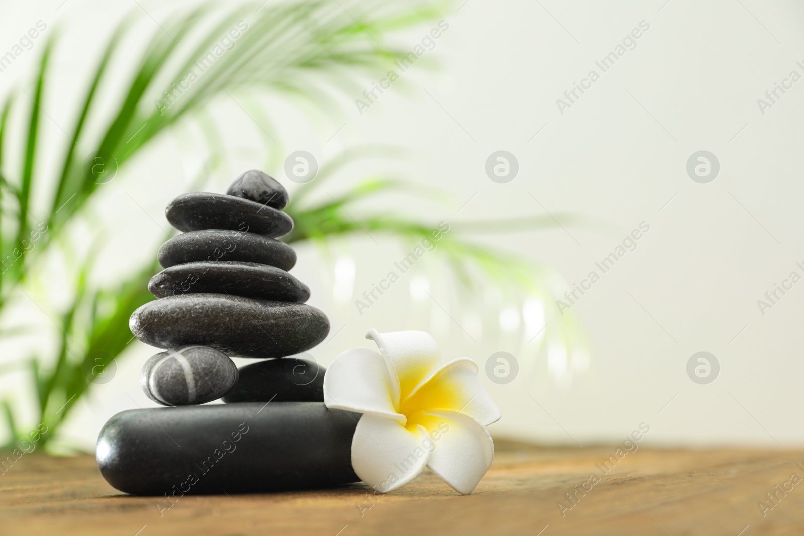 Photo of Table with stack of stones, flower and blurred green leaves on background, space for text. Zen concept