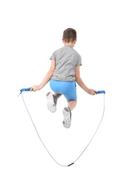 Photo of Active boy jumping rope on white background