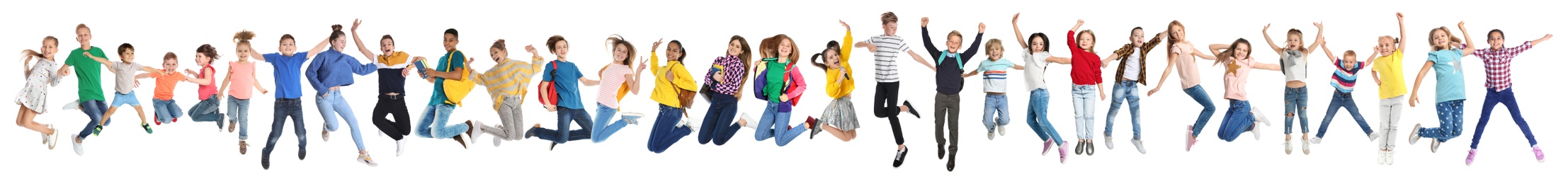 Image of Collage with photosjumping children on white background. Banner design