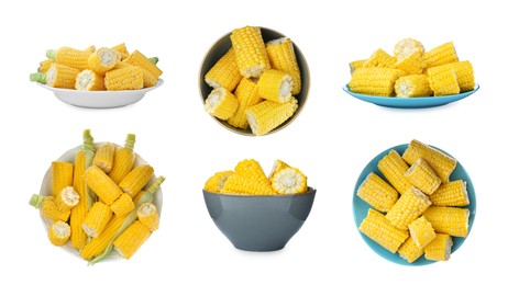 Image of Set with tasty ripe corn cobs on white background