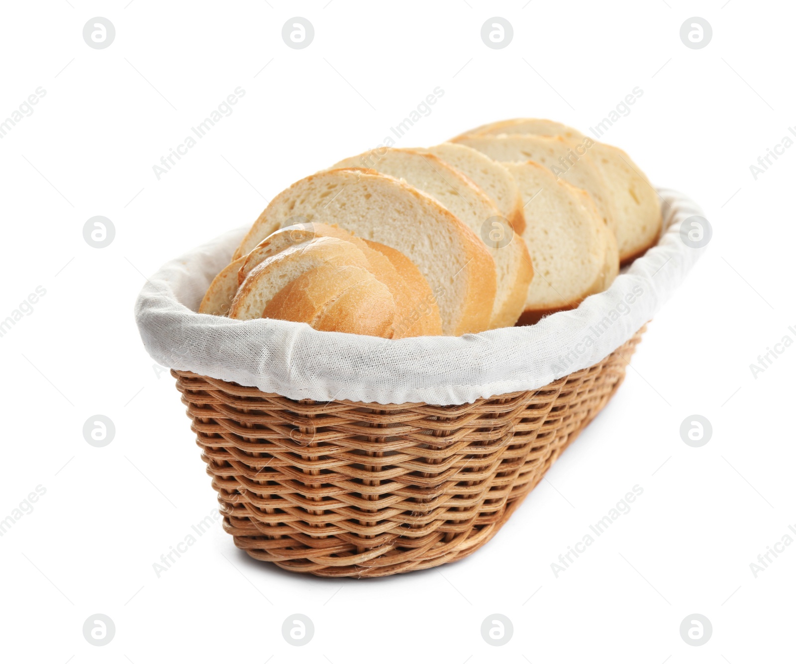 Photo of Slices of tasty fresh bread in wicker basket on white background