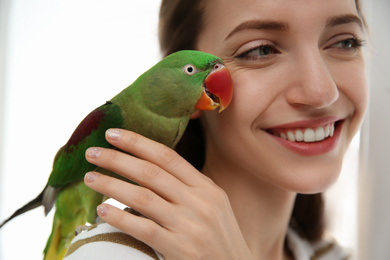 Young woman with cute Alexandrine parakeet on light background