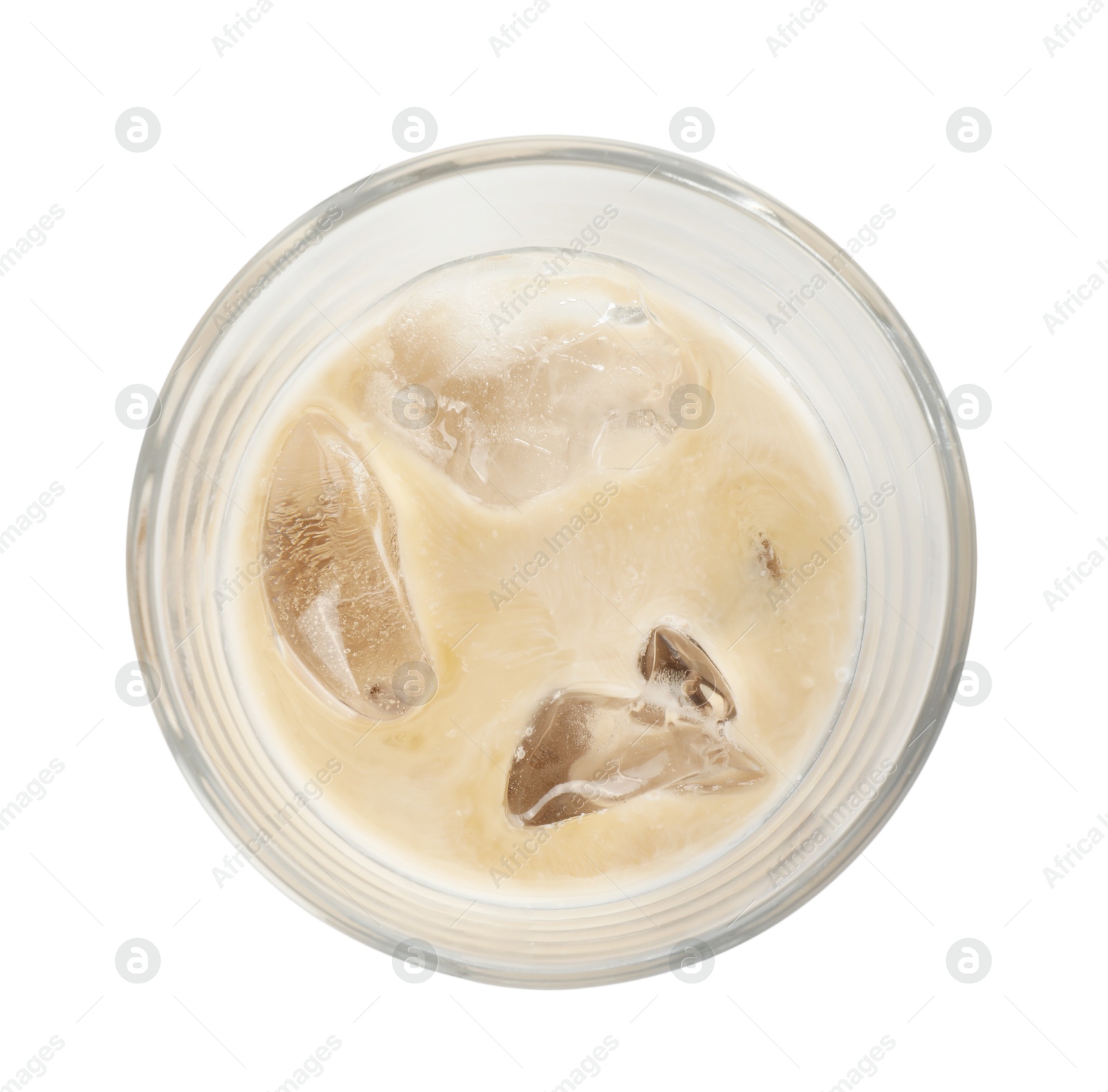 Photo of Glass of coffee cream liqueur with ice cubes isolated on white, top view