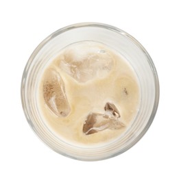 Glass of coffee cream liqueur with ice cubes isolated on white, top view