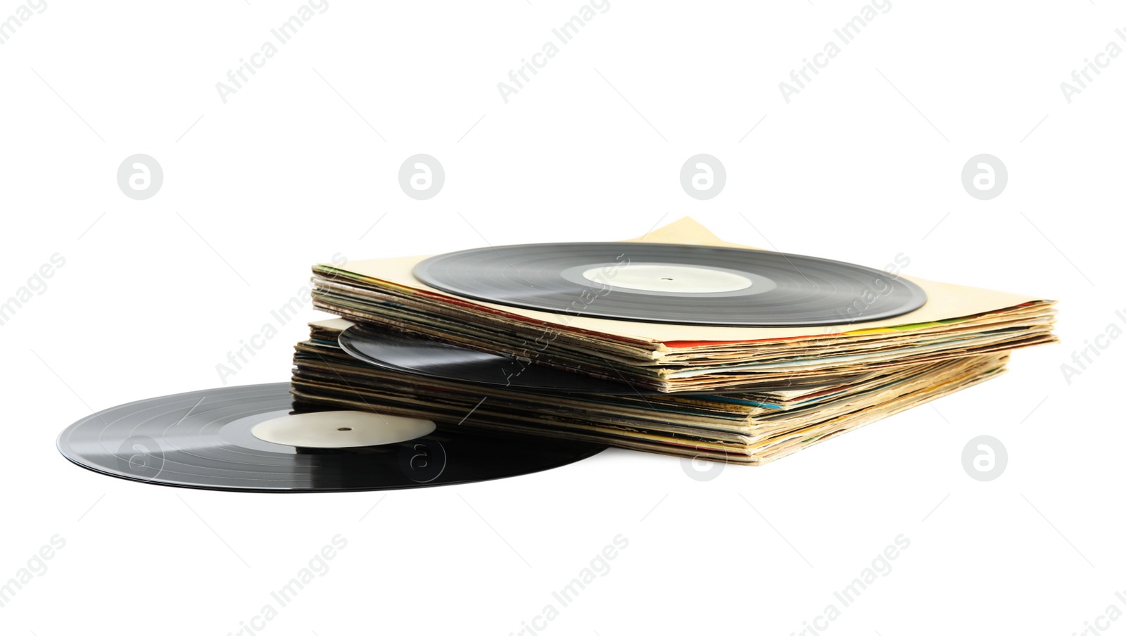 Photo of Stack of vintage vinyl records on white background