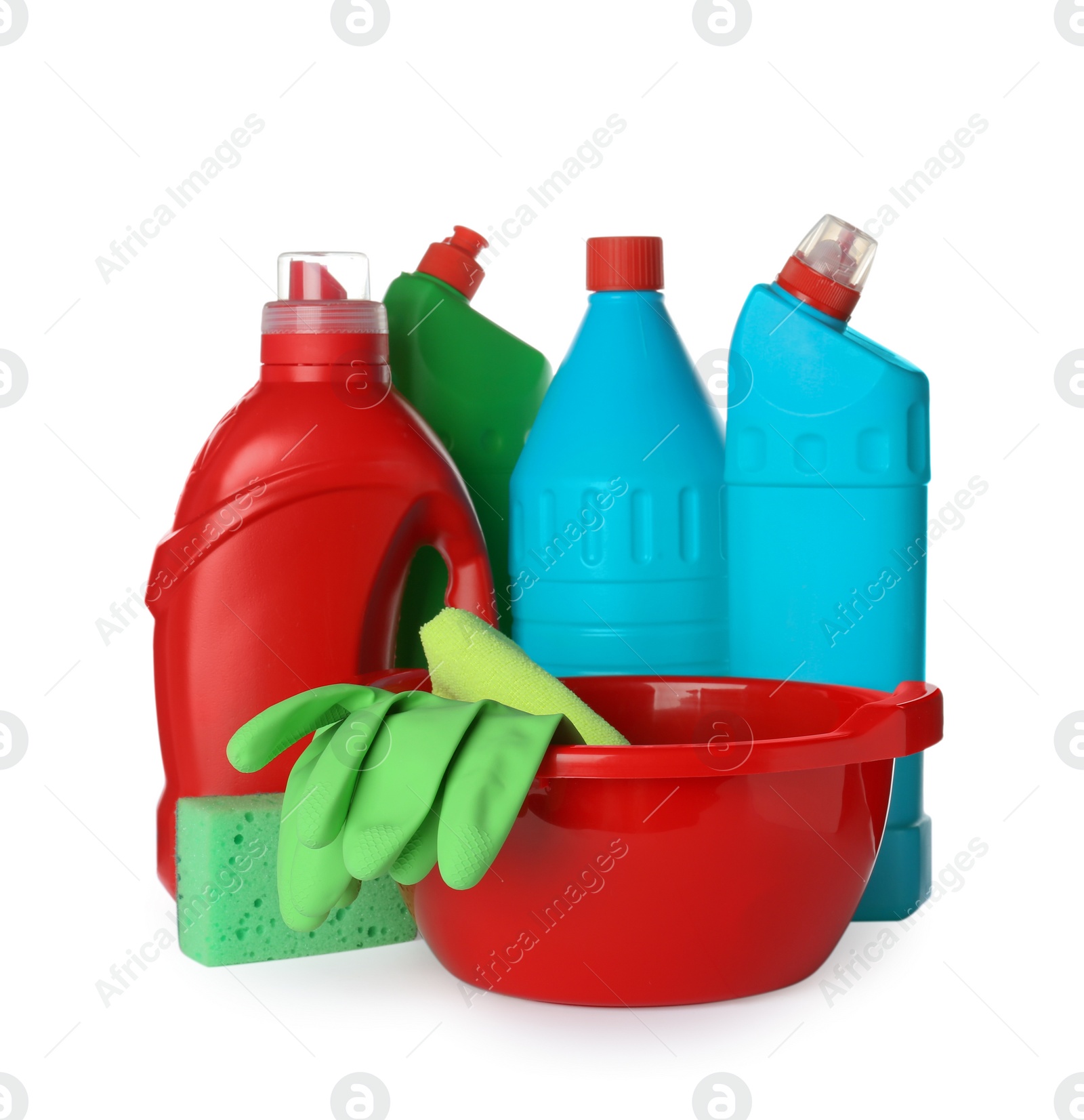 Photo of Different cleaning supplies and tools on white background