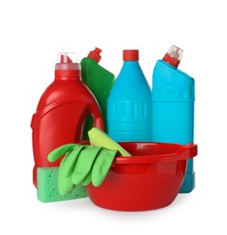 Photo of Different cleaning supplies and tools on white background