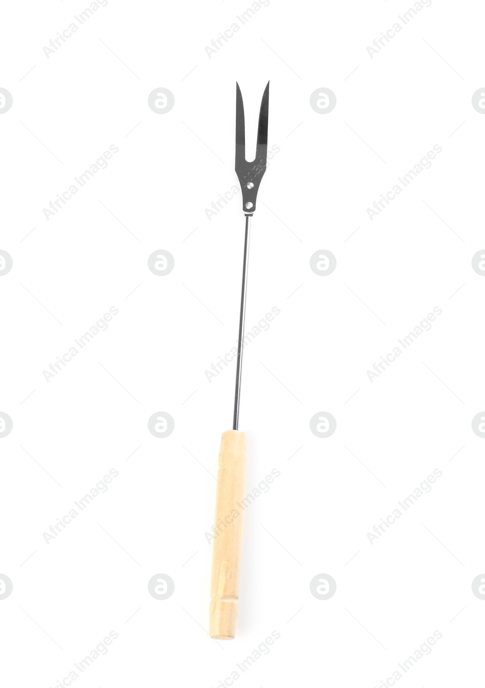 Photo of New barbecue fork with wooden handle on white background