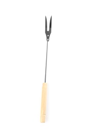 Photo of New barbecue fork with wooden handle on white background