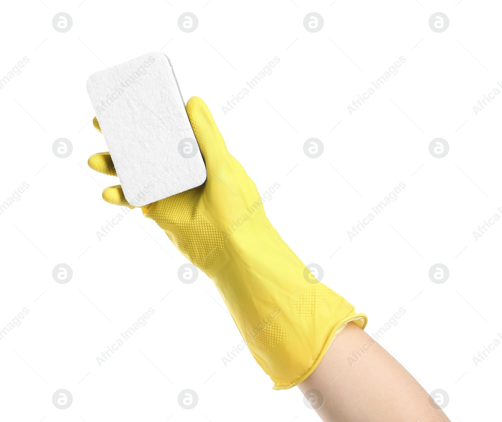 Photo of Person in rubber glove with sponge on white background, closeup of hand